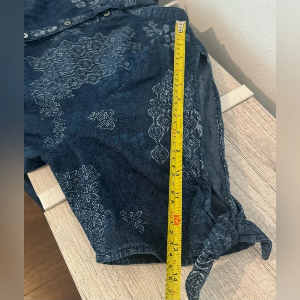 Free People Indigo Daze Denim Chambray Printed Jumpsuit Tie Sleeves Boho Size XS - Picture 6 of 13